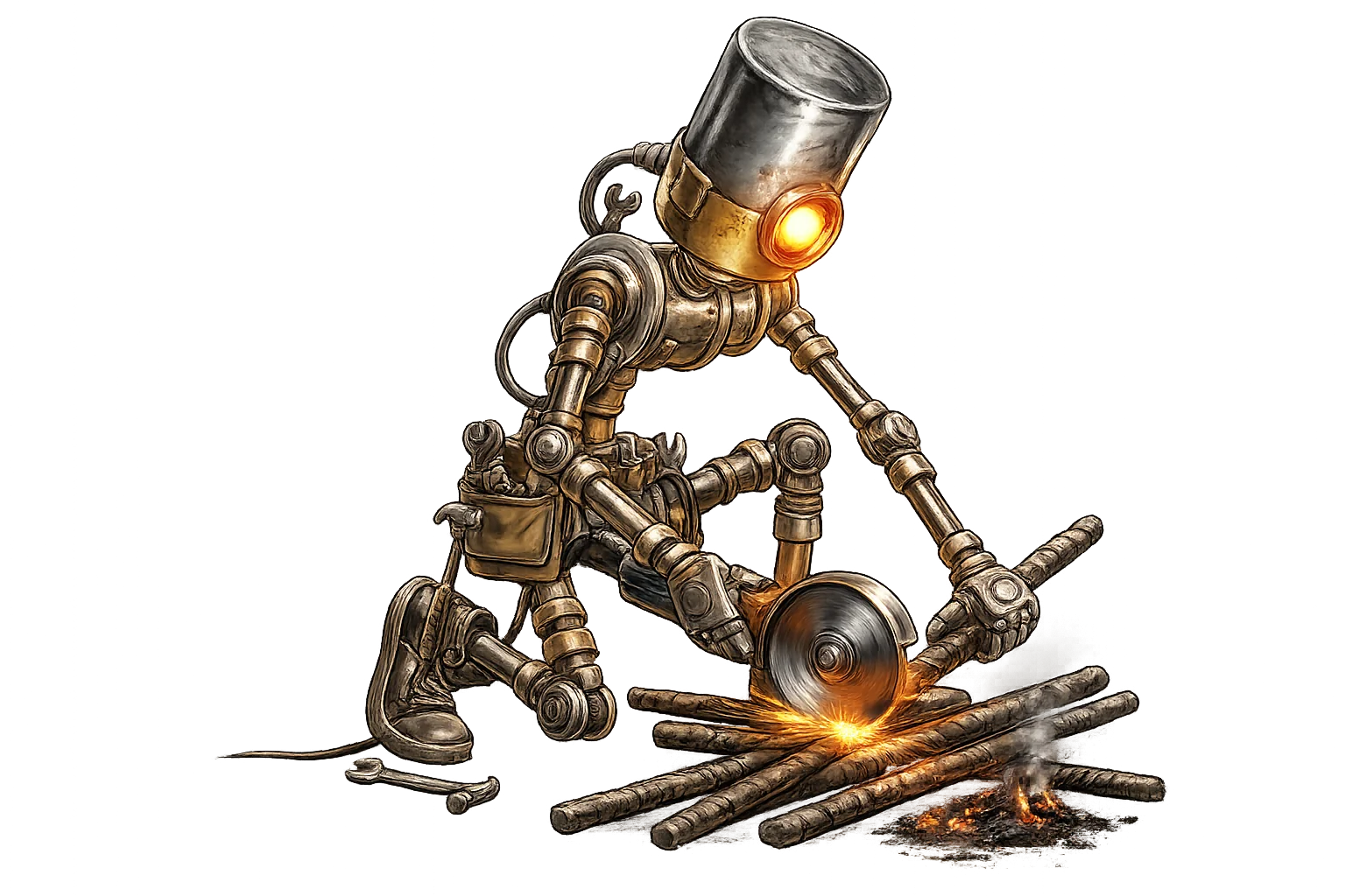 Robot cutting rebar with sparks