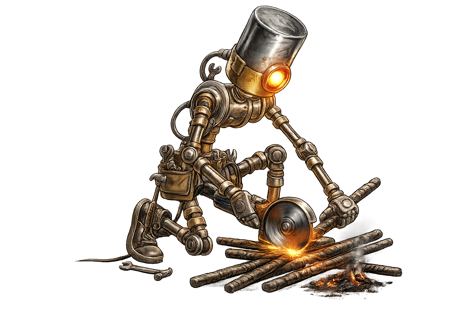 Robot cutting rebar with sparks