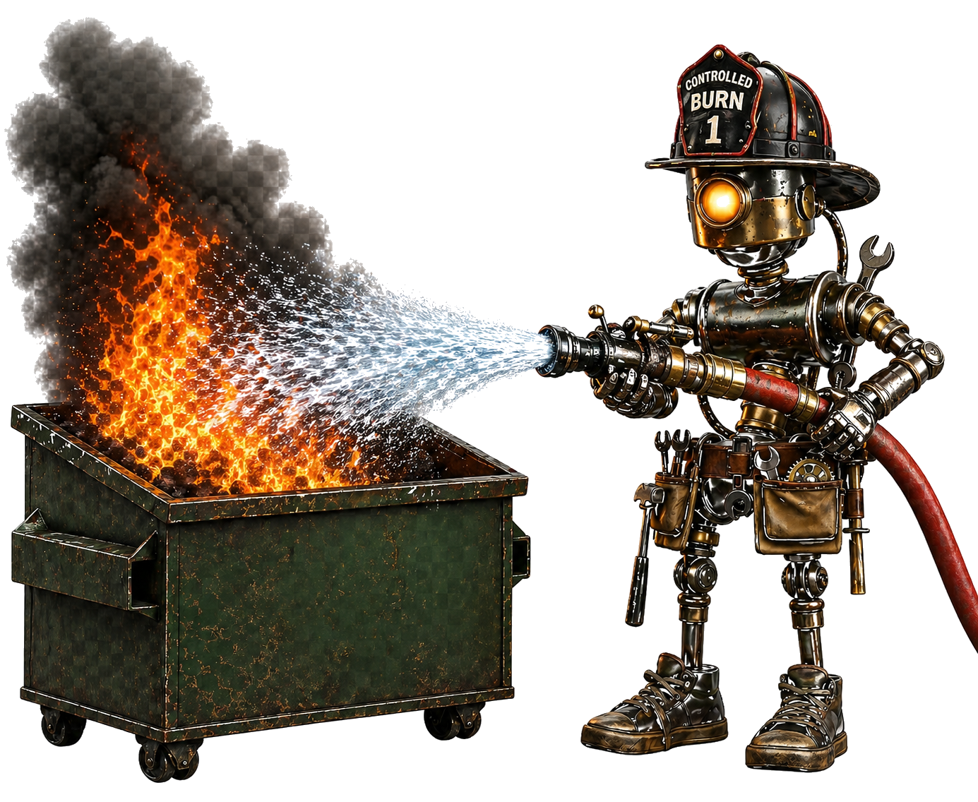 Controlled Burn 1 — fireman robot hosing down a flaming dumpster