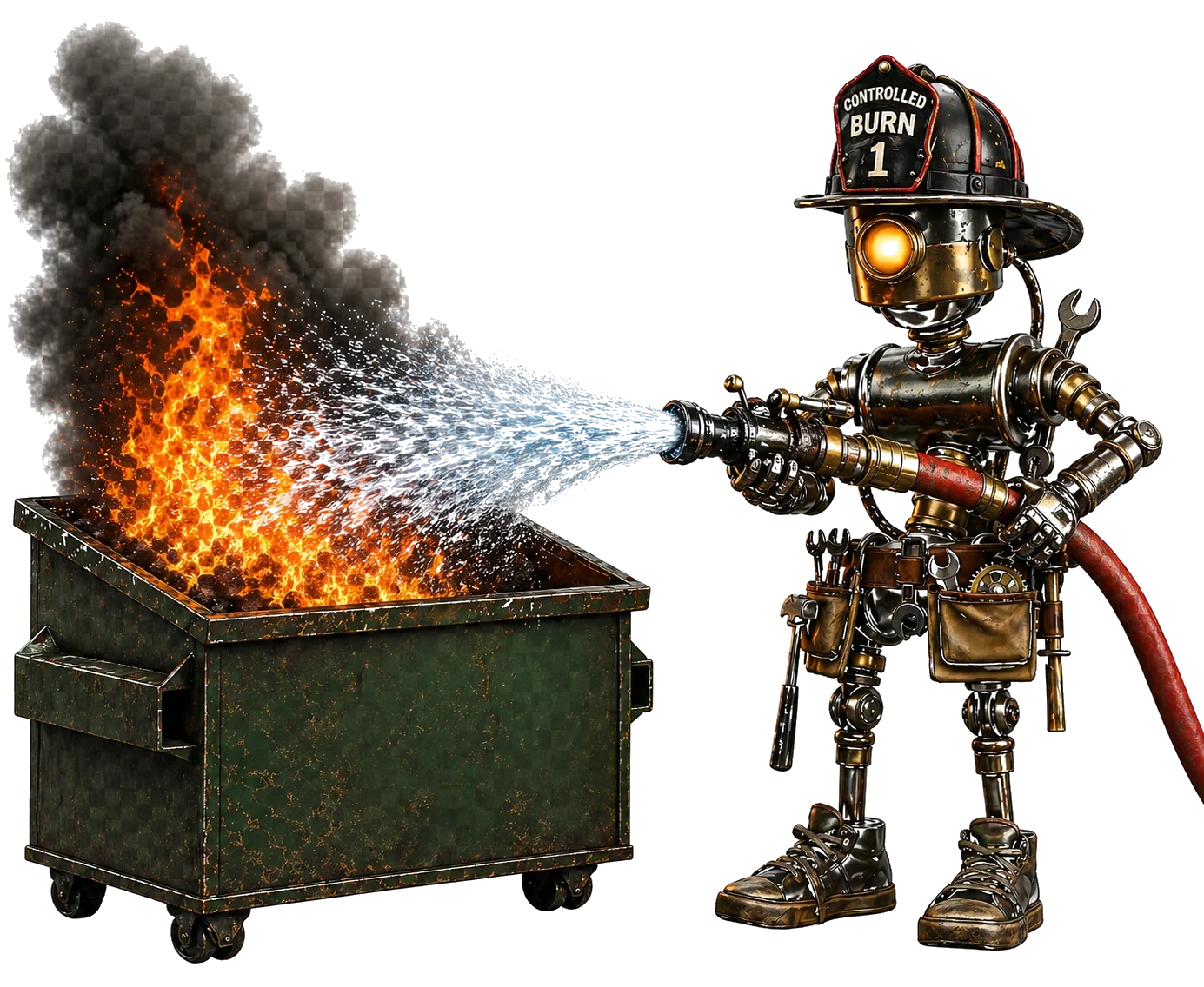 Controlled Burn 1 — fireman robot hosing down a flaming dumpster